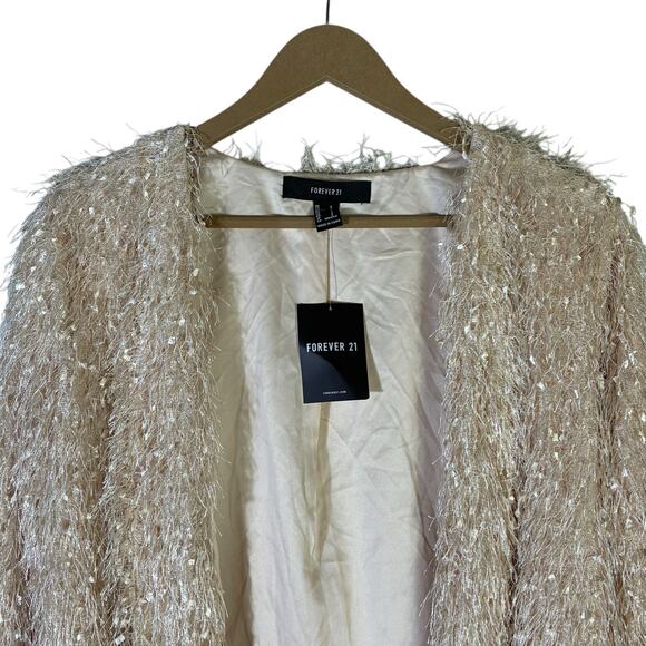 NWT Forever 21 Shaggy Metallic Open Front Jacket Womens S Beige Sparkly Glam NYE - Picture 3 of 6